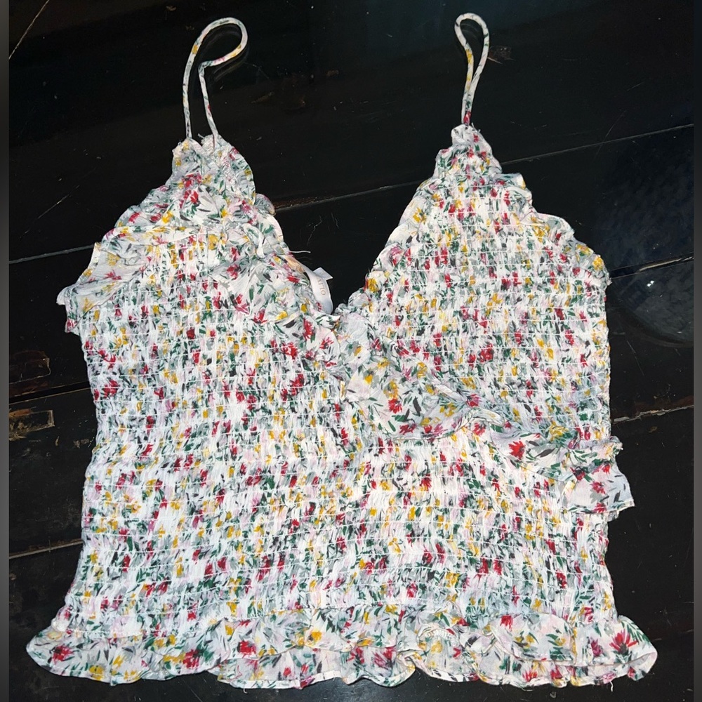 Ruby & Jenna Red, Yellow, Green Floral Tank Top w Ruffles & Flowers